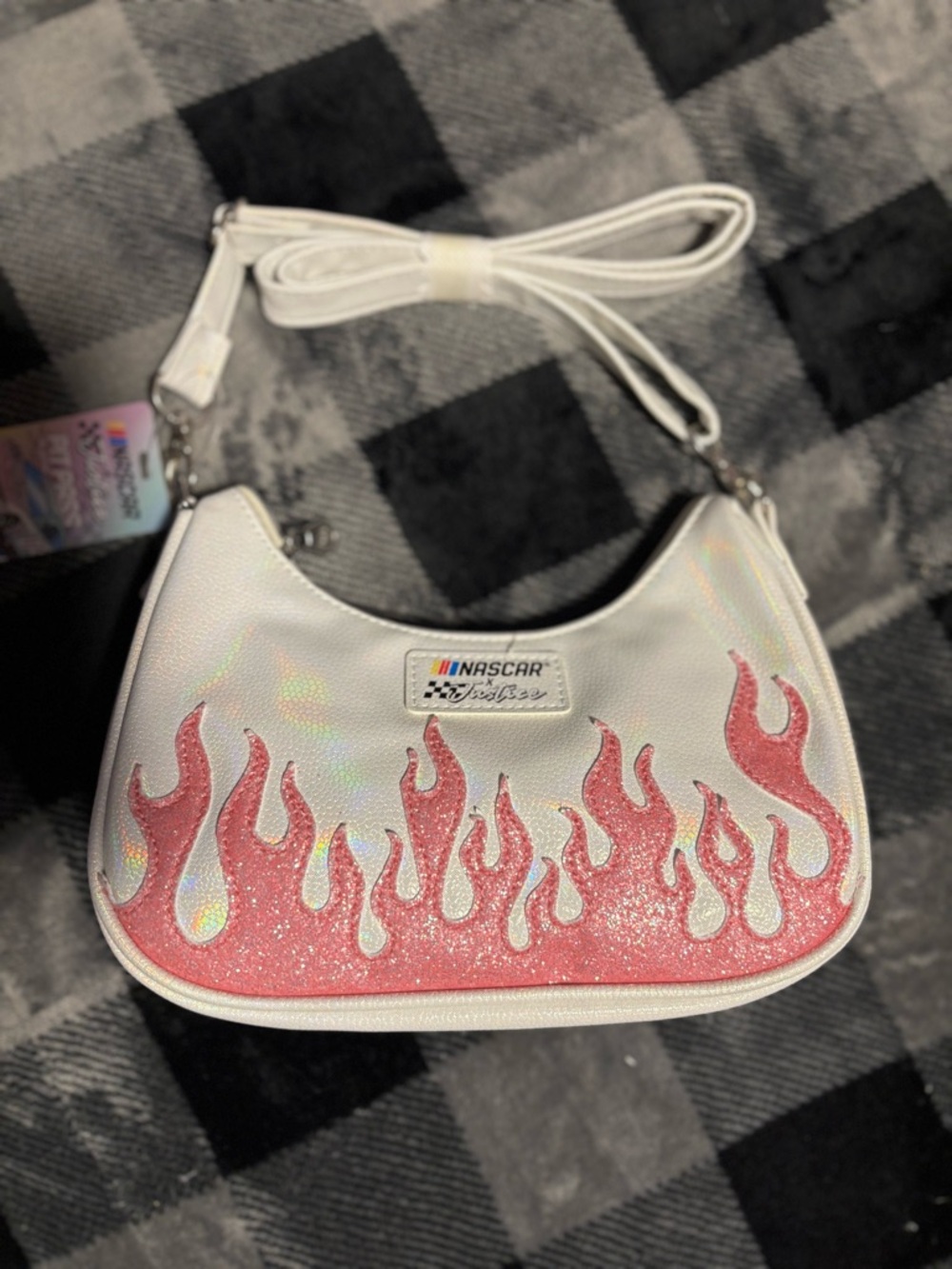 NASCAR Ladies White Holographic Shoulder Bag with Pink Glitter Flame Detail